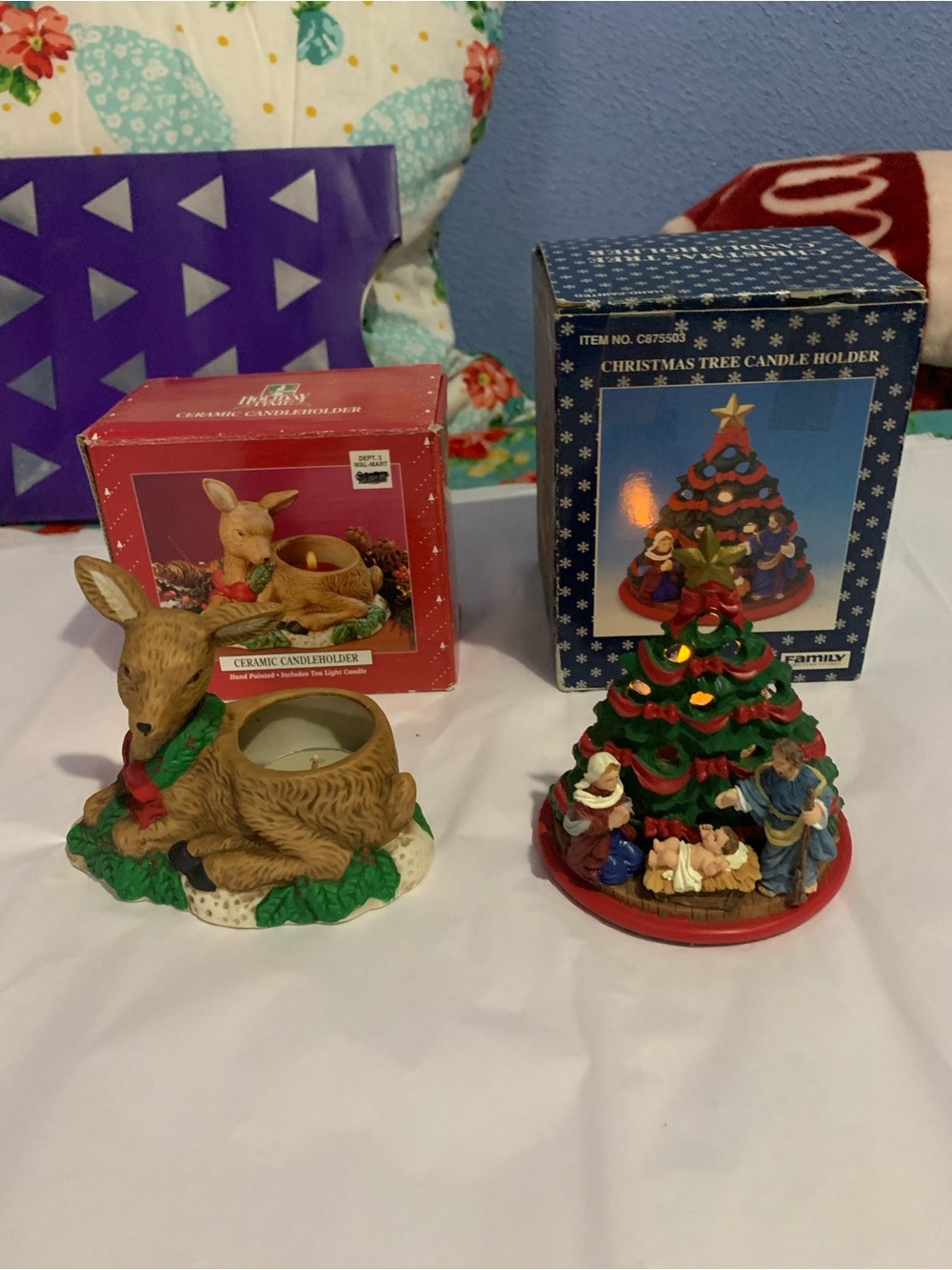 Two Ceramic Christmas Tea Lite Candleholders Deer Tree Nativity